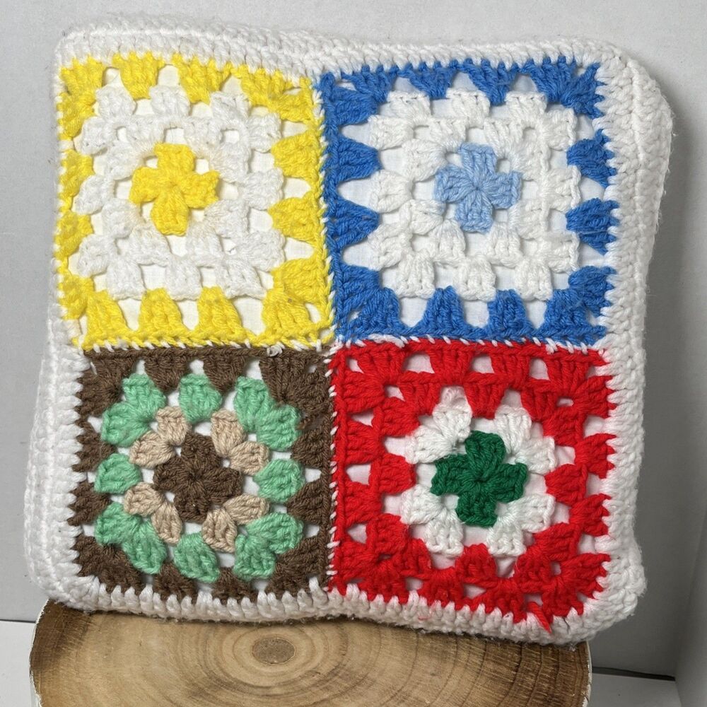 Vintage Hand Made Throw Pillow Crochet Granny Square Decor Colorful Cottagecore